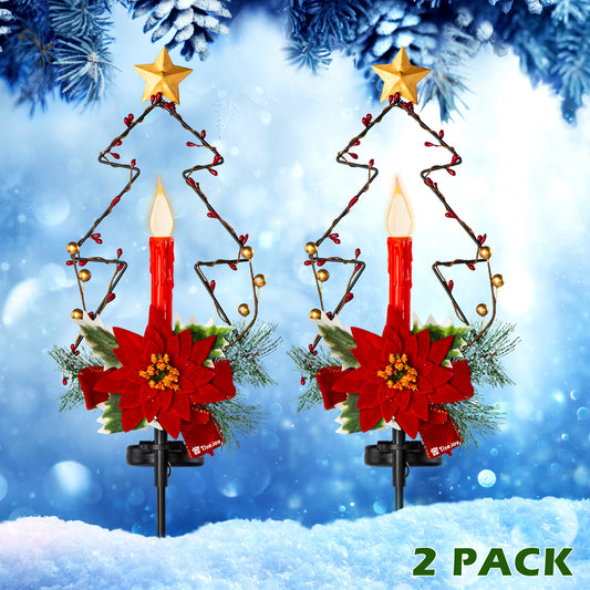 TISEJOY Solar Christmas Decorations Outdoor LED Lights, Waterproof Solar Powered Xmas Candle Pathway Lights, Cemetery Grave Decorations, Festival Ornament Stakes for Garden Lawn Yard Cemetery Set of 2