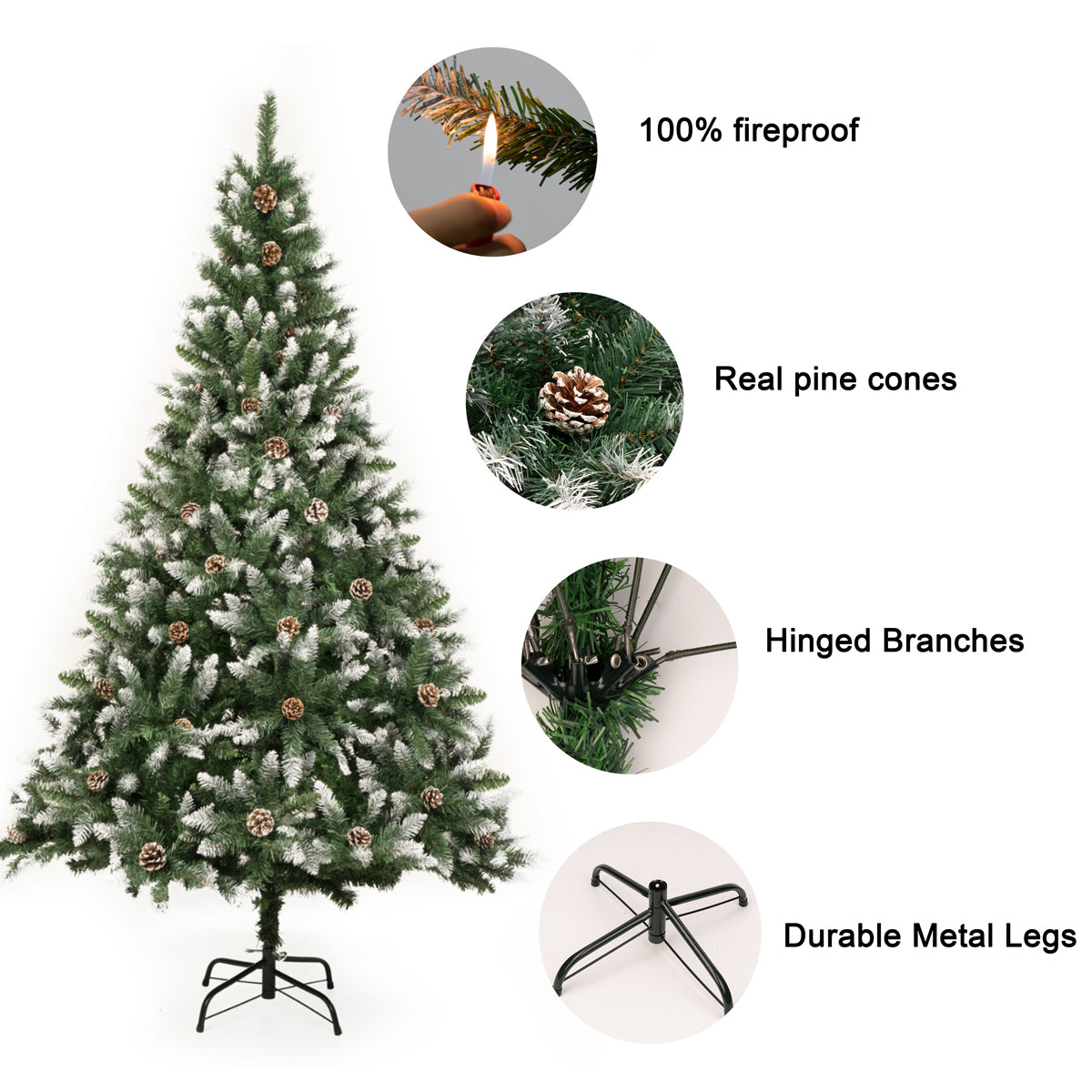 TISEJOY 5ft Artificial Christmas Tree Flocked Snow Trees with 760 PVC Branch Tips, 50 Pine Cones,Solid Metal Legs Perfect for Indoor and Outdoor Holiday Decoration Unlit - Green/White